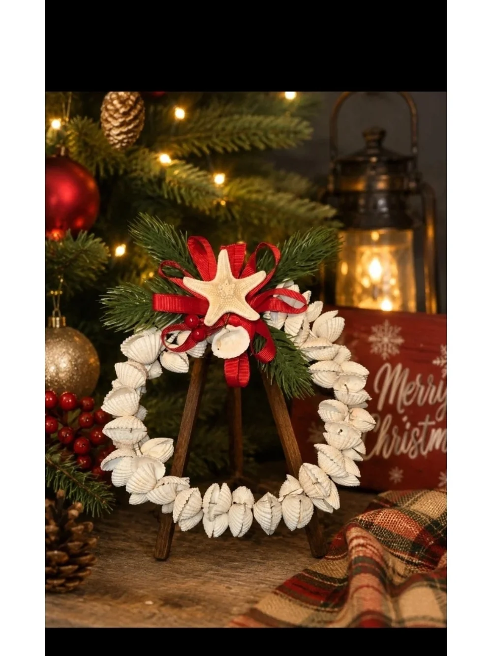 Handcrafted White Shell Holiday Wreath with Red Ribbon